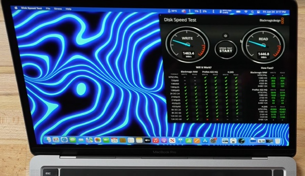 Hình ảnh bài kiểm tra tốc độ đọc/ghi trên ổ nhớ SSD giữa MacBook Pro M1 Pro và MacBook Pro M2 Pro 